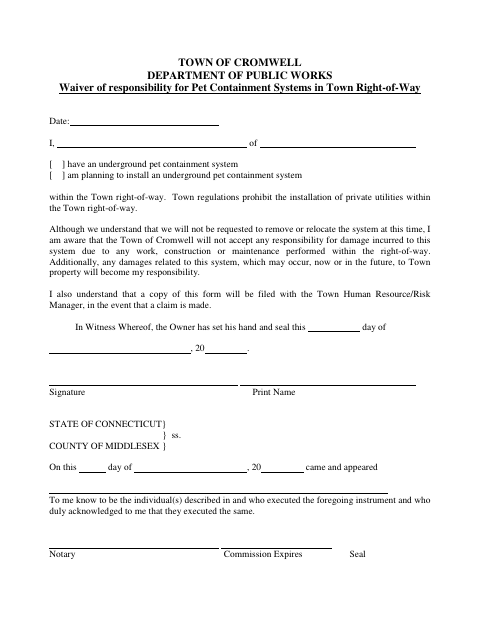 First page of the Pet Containment Responsibility Waiver