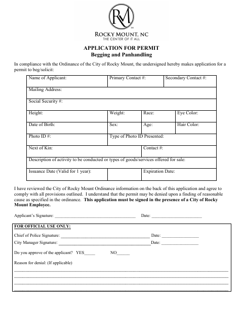 First page of the Panhandler Permit Application