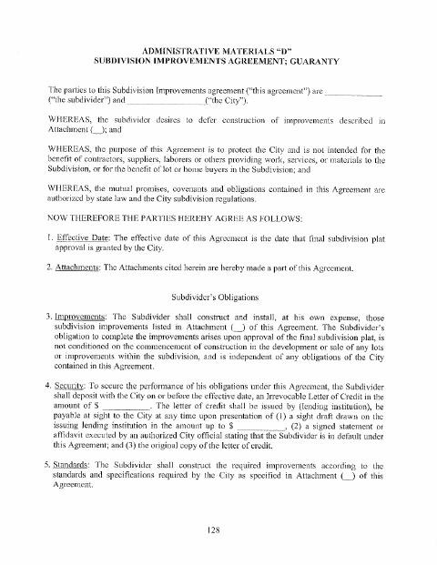 First page of the Subdivision Improvements Agreement; Guaranty