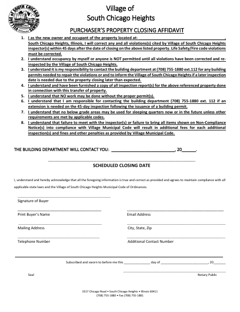 First page of the Purchaser’s Property Closing Affidavit