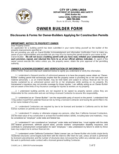 First page of the Owner Builder Form