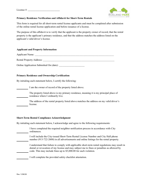 First page of the Primary Residence Verification and Short-Term Rental Affidavit