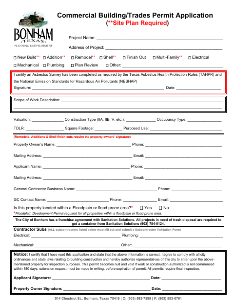 First page of the Commercial Building/Trades Permit Application
