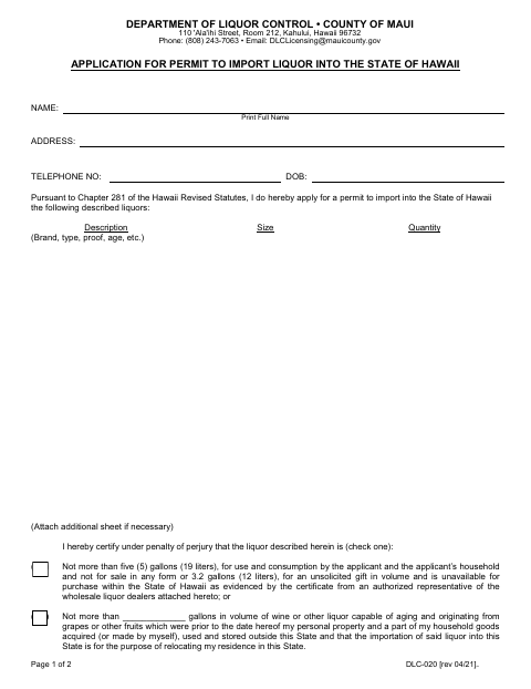 First page of the Application for Permit to Import Liquor