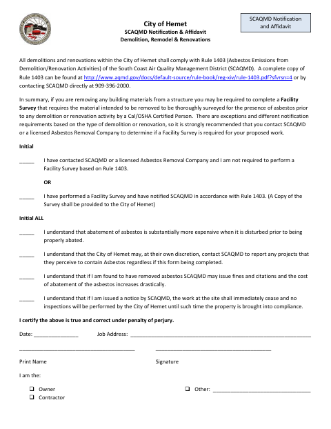 First page of the SCAQMD Notification and Affidavit
