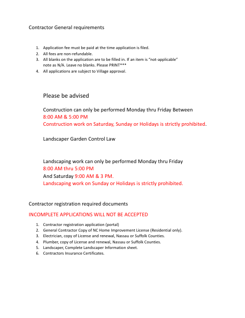 First page of the Contractor & Landscaping Registration