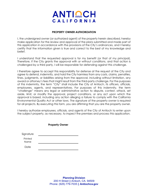 First page of the Property Owner Authorization