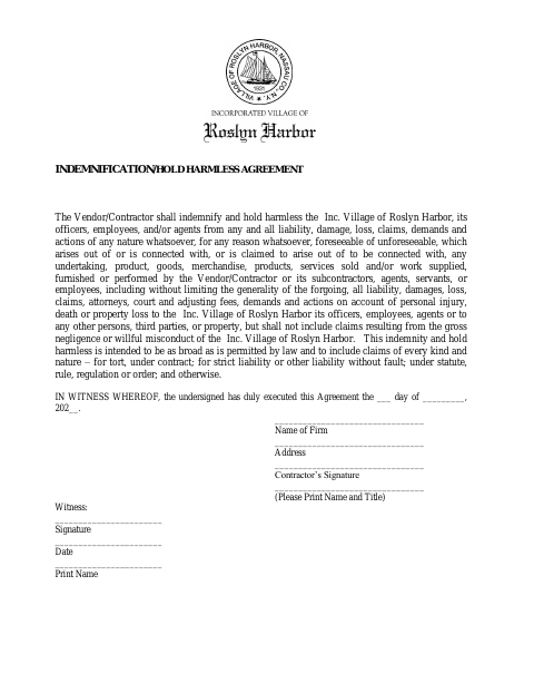 First page of the Indemnification/Hold Harmless Agreement