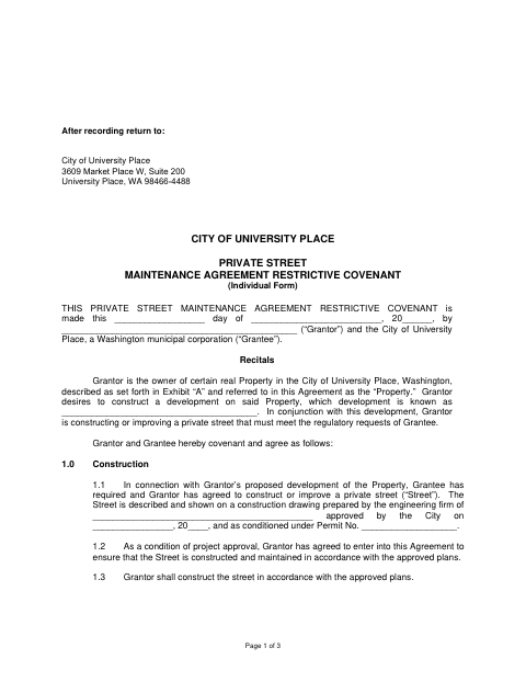 First page of the Private Street Maintenance Agreement and Restrictive Covenant (Individual Form)