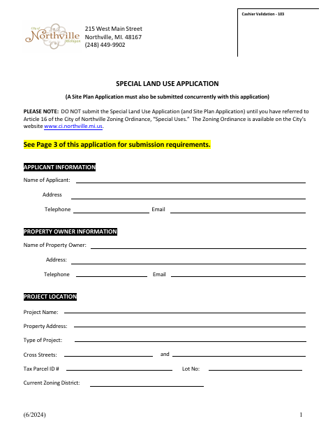First page of the Special Land Use Application