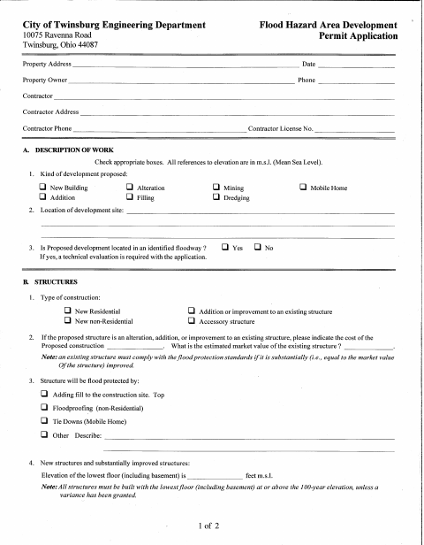 First page of the Flood Hazard Area Development Permit Application