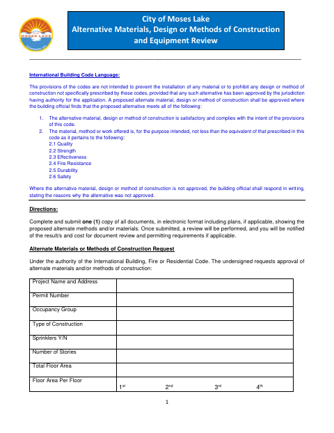 First page of the Alternative Materials, Design or Methods of Construction and Equipment Review