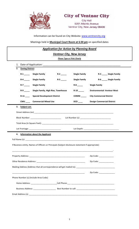 First page of the Planning Board Application