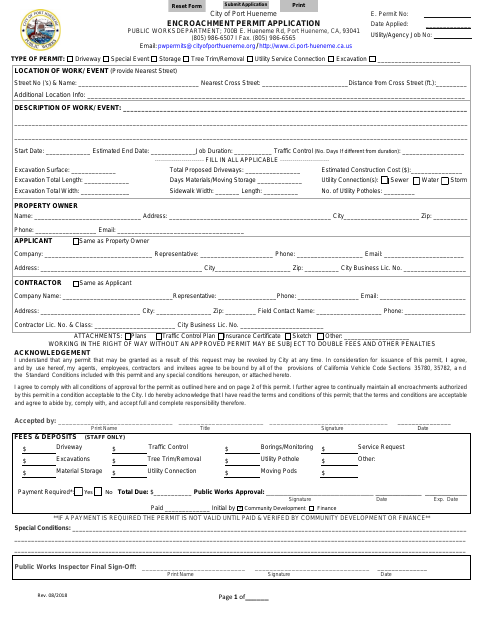 First page of the Encroachment Permit Application