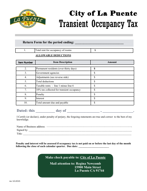 First page of the Transient Occupancy Tax Return Form
