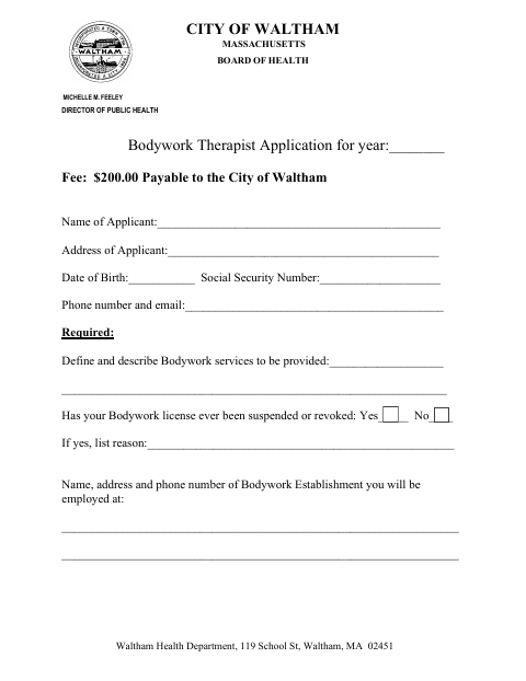 First page of the Bodywork Therapist Application