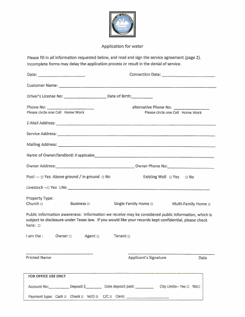 First page of the Water Service Application