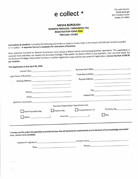 First page of the Business Privilege / Mercantile Tax Registration Form