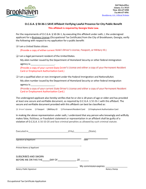 First page of the SAVE Affidavit Verifying Lawful Presence