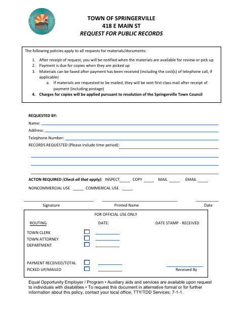 First page of the Request for Public Records