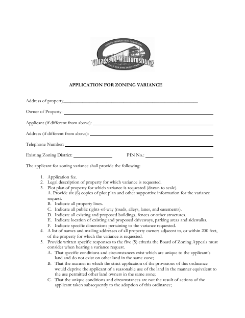 First page of the Application for Zoning Variance