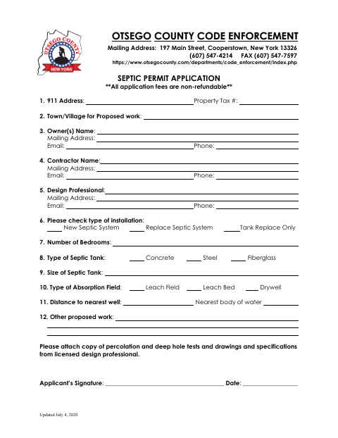 First page of the Septic Permit Application