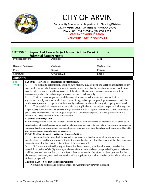 First page of the Variance Application