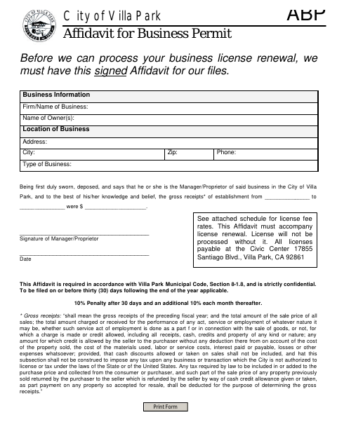 First page of the Affidavit for Business Permit
