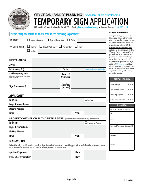 First page of the Temporary Sign Application