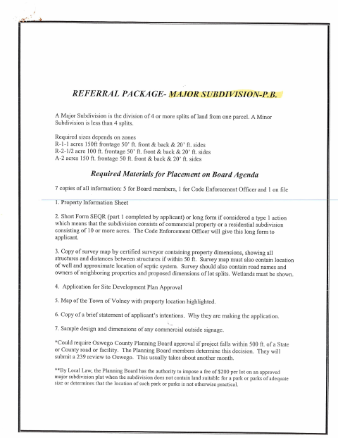 First page of the Major Subdivision Referral Package