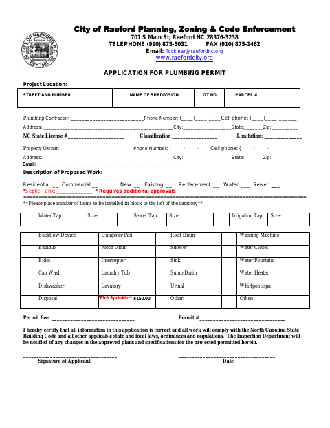 First page of the Application for Plumbing Permit
