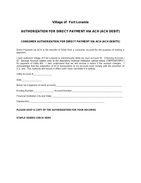 First page of the Authorization for Direct Payment via ACH