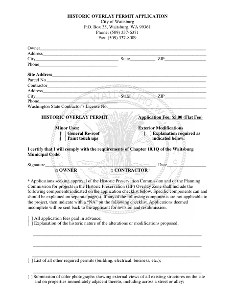 First page of the Historic Overlay Permit Application