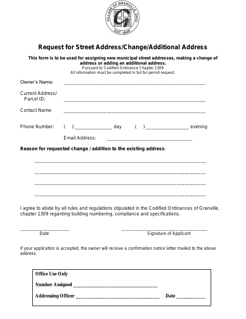 First page of the Request for Street Address, Change, or Additional Address