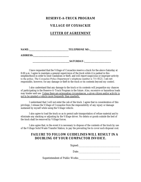 First page of the Reserve-A-Truck Program Letter of Agreement