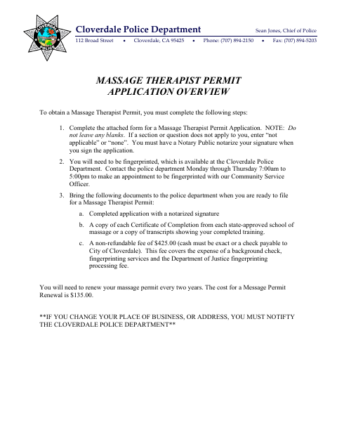 First page of the Massage Therapist Permit Application
