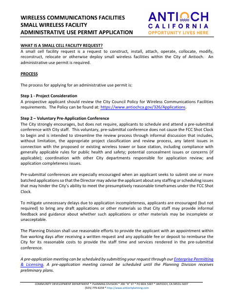 First page of the Wireless Small Wireless Facility Administrative Use Permit Application