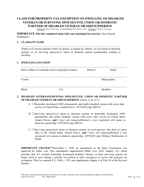 First page of the Disabled Veteran Property Tax Exemption Claim