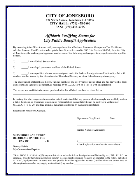 First page of the SAVE Affidavit Verifying Status for City Public Benefit Application