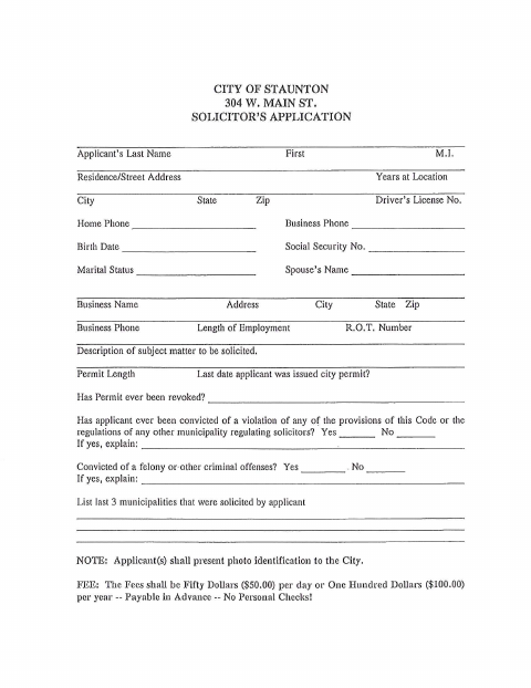 First page of the Solicitor's Application