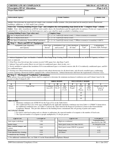 First page of the Certificate of Compliance: Prescriptive HVAC Alterations
