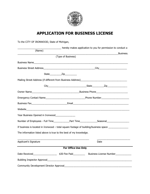 First page of the Application for Business License