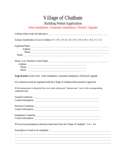 First page of the Building Permit Application for Solar, Generator, or Electric Upgrade