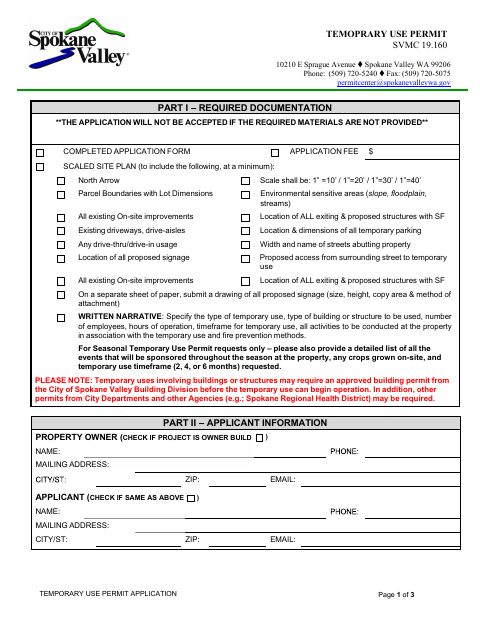 First page of the Temporary Use Permit Application