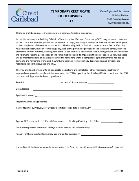 First page of the Temporary Certificate of Occupancy