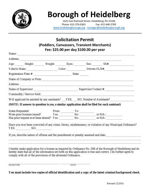 First page of the Solicitation Permit (Peddlers, Canvassers, Transient Merchants)