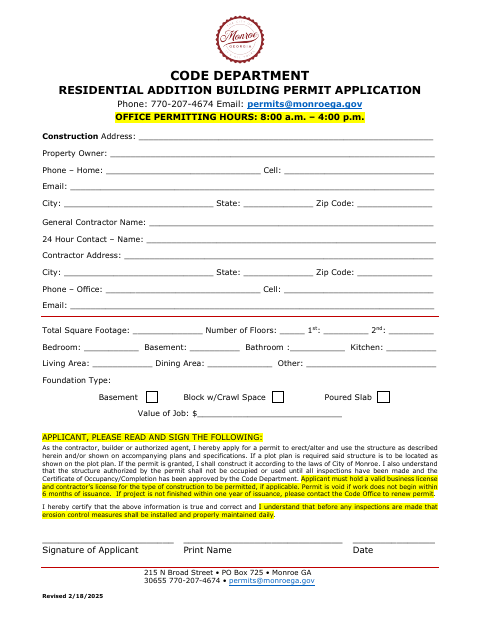 First page of the Residential Addition Building Permit Application