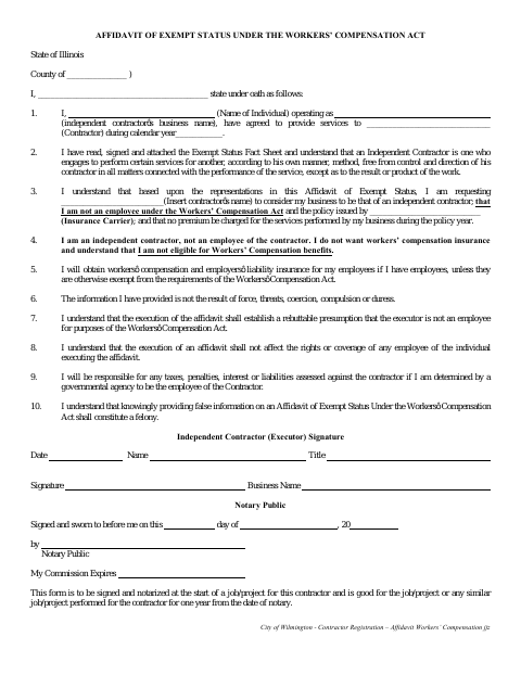 First page of the Affidavit of Exempt Status Under the Workers’ Compensation Act