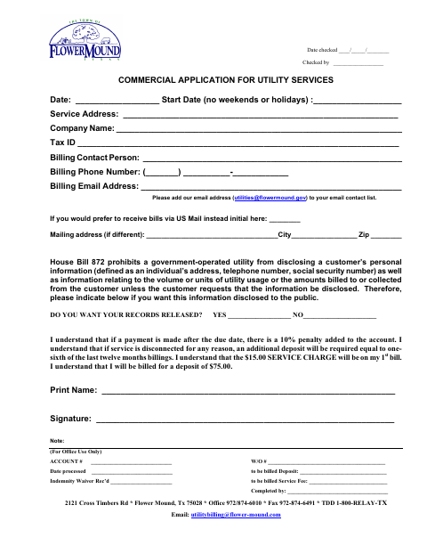 First page of the Commercial Application for Utility Services