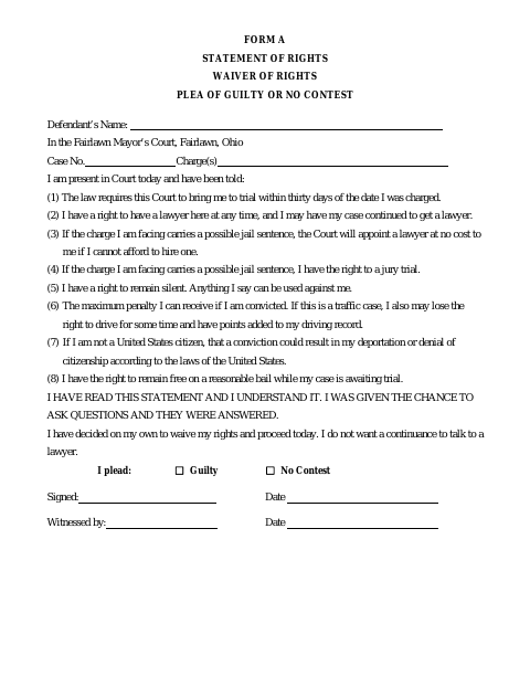First page of the Statement of Rights Waiver of Rights Plea of Guilty or No Contest